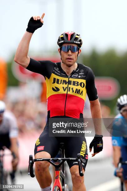 Wout Van Aert of Belgium and Team Jumbo - Visma celebrates winning during the 17th Tour of Britain 2021, Stage 6 a 198km stage from Carlisle to...