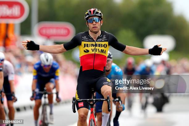 Wout Van Aert of Belgium and Team Jumbo - Visma celebrates winning during the 17th Tour of Britain 2021, Stage 6 a 198km stage from Carlisle to...