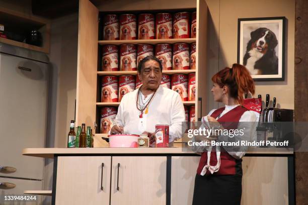 George Aguilar and Justine Le Pottier perform during the "Un chalet à Gstaad" Theater Play at "Theatre des Nouveautés" on September 10, 2021 in...