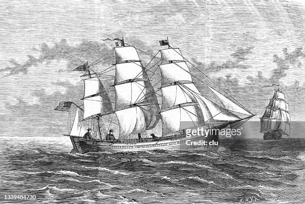 miniature three-master sailing ship - ship stock illustrations