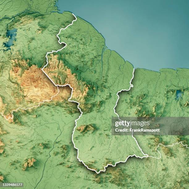 guyana 3d render topographic map color border - guyana stock pictures, royalty-free photos & images