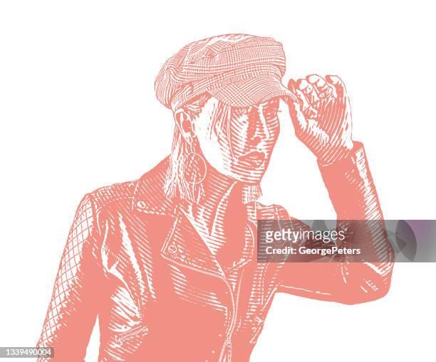 portrait of a fashionable adult woman - motorcycle jacket stock illustrations