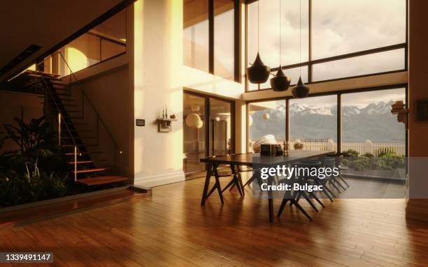 modern dining room - modern house dusk stock pictures, royalty-free photos & images
