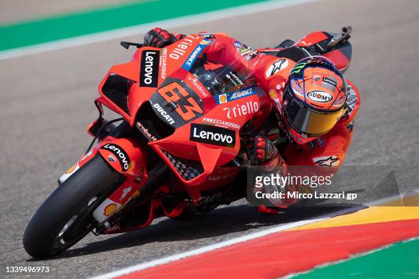 Francesco Bagnaia of Italy and Ducati Lenovo Team rounds the bend during the MotoGP of Aragon - Free Practice at Motorland Aragon Circuit on...