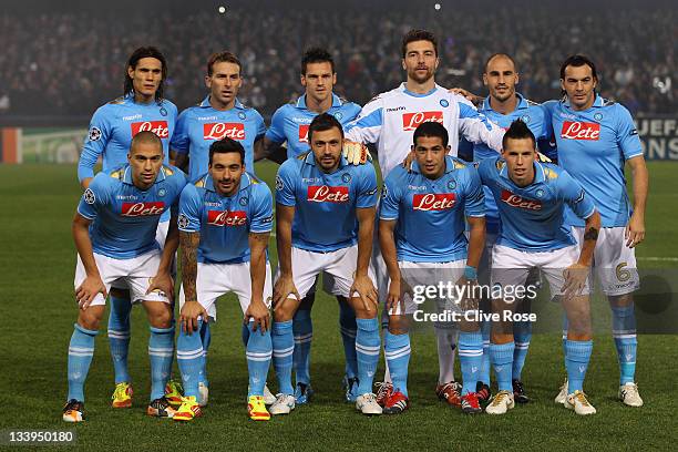 The Napoli team pose prior to the Uefa Champions League Group A match between Napoli and Manchester City at Stadio San Paolo on November 22, 2011 in...