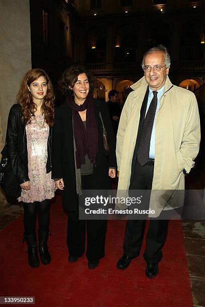 Vittoria Veltroni, Flavia Prisco and Walter Veltroni attend the "Eroine Di Stile" Opening Exhibitionon at Palazzo Altemps on November 22, 2011 in...