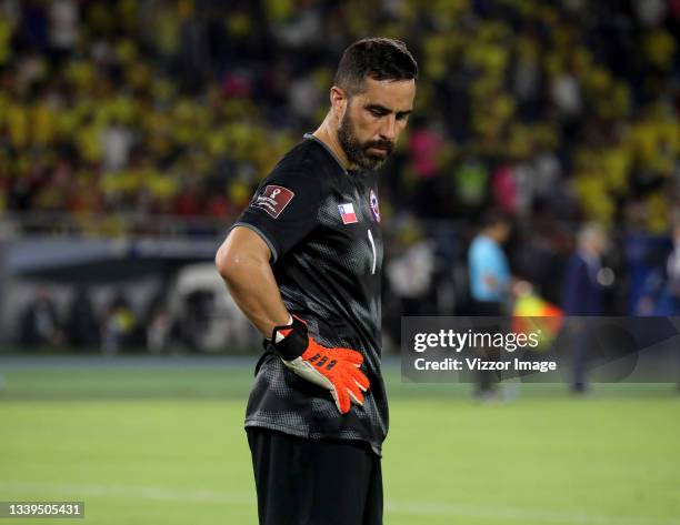 Claudio Bravo goalkeeper of Chile looks disappointed after a match between Colombia and Chile as part of South American Qualifiers for Qatar 2022 at...