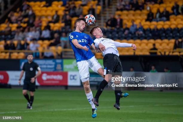 Joe Anderson of Everton jumps to head the ball during the Premier League 2 match between Everton and Derby County at Pure Stadium on September 10,...