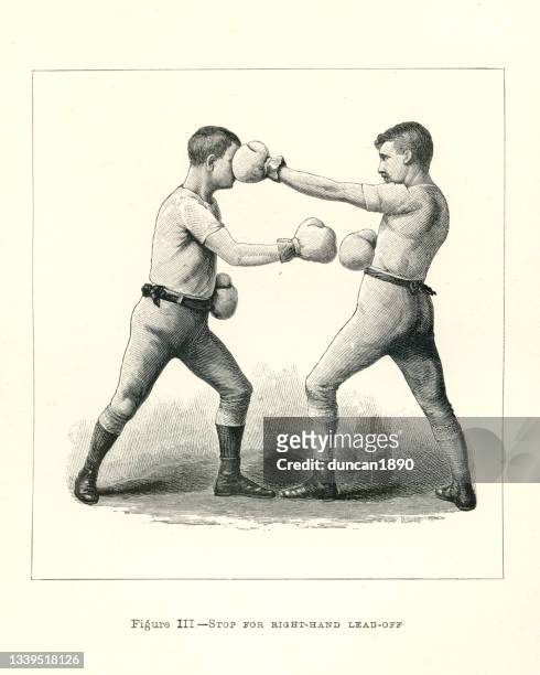 vintage illustration of two boxers, boxing positions, stop for right hand lead off, victorian combat sports, 19th century - fighting stance stock illustrations