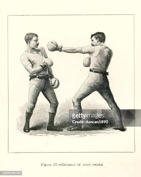 vintage-illustration von zwei boxern, boxpositionen, rückzug in gutem zustand, viktorianischer kampfsport, 19. jahrhundert - boxing man stock-grafiken, -clipart, -cartoons und -symbole
