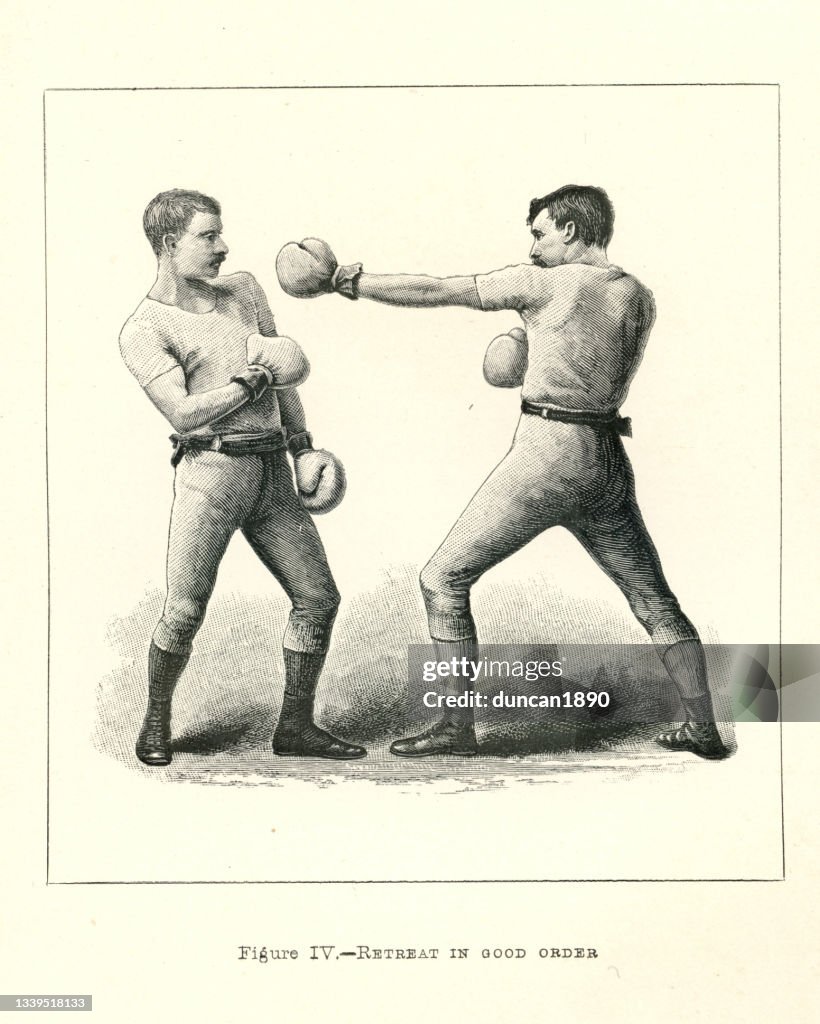 Vintage illustration of two boxers, boxing positions, Retreat in good order, Victorian combat sports, 19th Century
