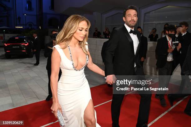 Jennifer Lopez and Ben Affleck arrive on the red carpet ahead of the "The Last Duel" screening during the 78th Venice Film Festival on September 10,...