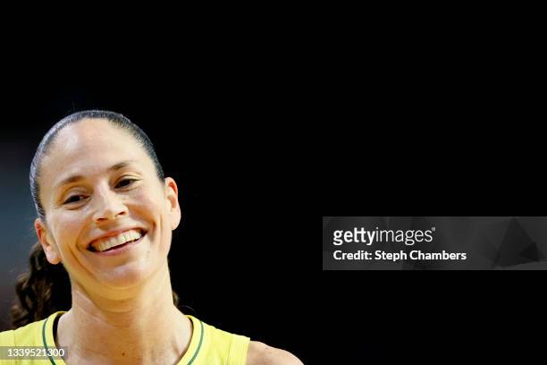 Sue Bird of the Seattle Storm looks on during the first quarter against the Washington Mystics at Angel of the Winds Arena on September 07, 2021 in...