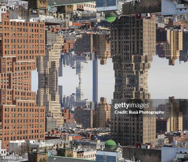 capsized reflected image of buildings in chelsea, manhattan in new york city, usa - película de ciencia ficción fotografías e imágenes de stock