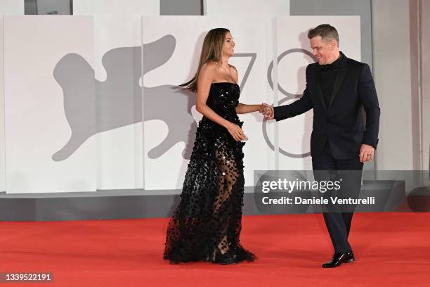 Luciana Damon and Matt Damon attend the red carpet of the movie "The Last Duel" during the 78th Venice International Film Festival on September 10,...