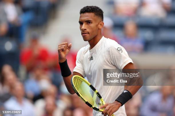 Felix Auger-Aliassime of Canada reacts against Daniil Medvedev of Russia during their Men’s Single semifinal match on Day Twelve of the 2021 US Open...