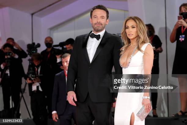 Ben Affleck and Jennifer Lopez attend the red carpet of the movie "The Last Duel" during the 78th Venice International Film Festival on September 10,...