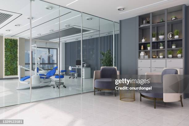 zahnarztpraxis mit zahnarztstuhl, zahnwerkzeugen und wartebereich - arztpraxis stock-fotos und bilder