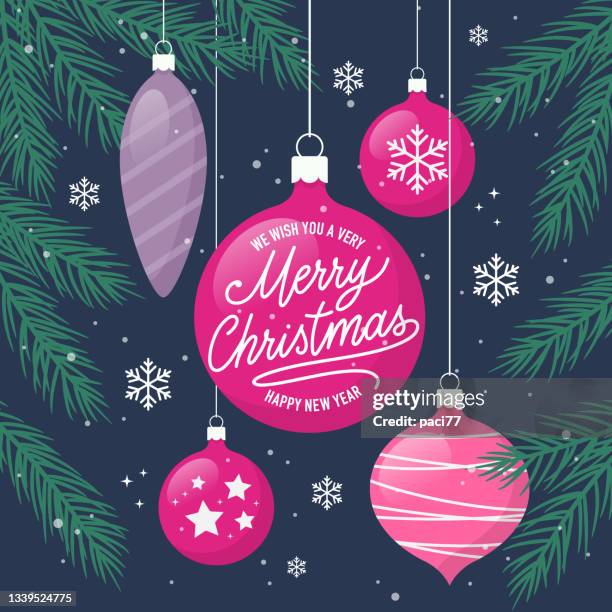 ilustraciones, imágenes clip art, dibujos animados e iconos de stock de tarjeta de felicitación navideña con bolas de navidad. ilustración vectorial. - ornaments