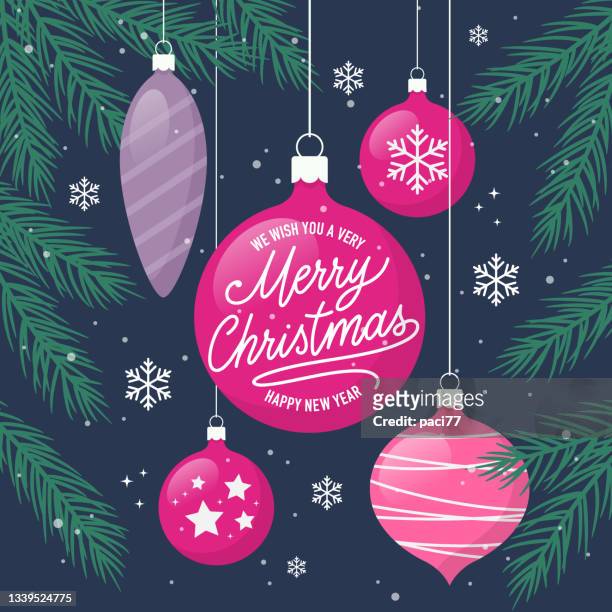 christmas greetings card with christmas balls. vector illustration. - magenta stock illustrations