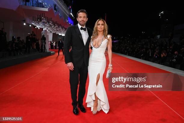 Ben Affleck and Jennifer Lopez attend the red carpet of the movie "The Last Duel" during the 78th Venice International Film Festival on September 10,...