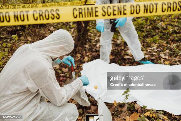 group of people, crime scene investigation, police and forensics doing their jobs, there is a dead body in the forest. - test strip stock pictures, royalty-free photos & images
