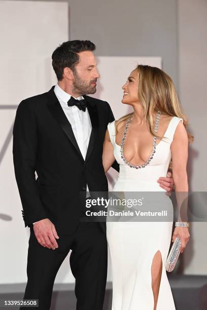 Ben Affleck and Jennifer Lopez attend the red carpet of the movie "The Last Duel" during the 78th Venice International Film Festival on September 10,...