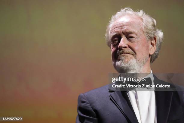 Director Sir Ridley Scott is seen on stage as he receives the Cartier Glory To The Filmmaker Award at the Ceremony during the 78th Venice...