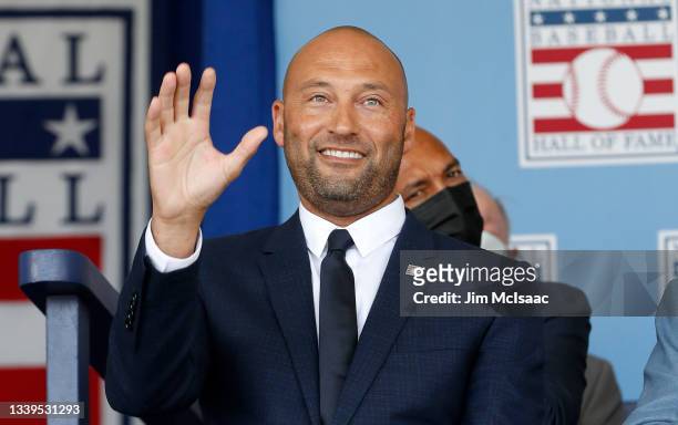 Derek Jeter is introduced during the Baseball Hall of Fame induction ceremony at Clark Sports Center on September 08, 2021 in Cooperstown, New York.