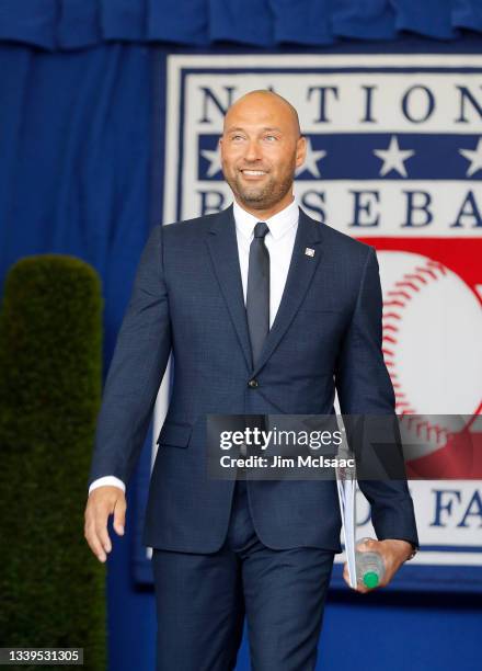 Derek Jeter is introduced during the Baseball Hall of Fame induction ceremony at Clark Sports Center on September 08, 2021 in Cooperstown, New York.