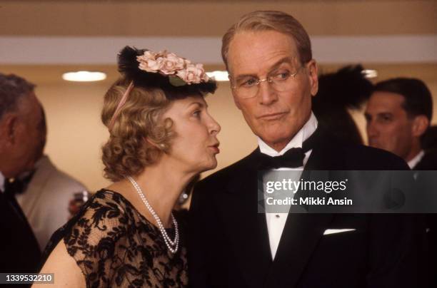 View of married American actors Joanne Woodward and Paul Newman during the filming of 'Mr & Mrs Bridge' , Kansas City, Missouri, September 1989.