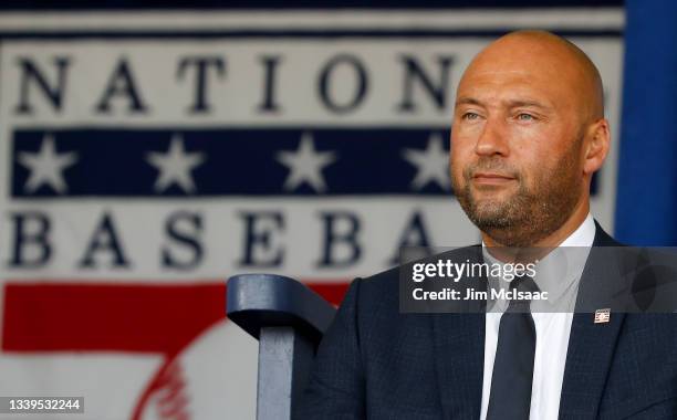 Derek Jeter looks on during the Baseball Hall of Fame induction ceremony at Clark Sports Center on September 08, 2021 in Cooperstown, New York.