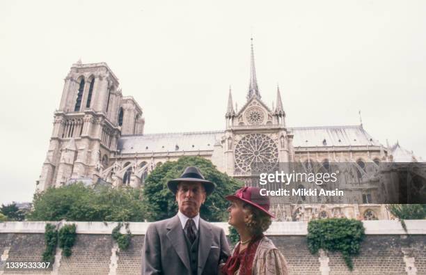 Portrait of married American actors Paul Newman and Joanne Woodward during the filming of 'Mr & Mrs Bridge' , Paris, France, September 1989. Visible...