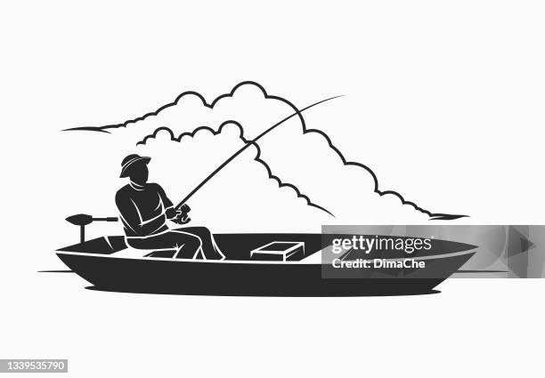man with a fishing rod in a boat - motorboating stock illustrations