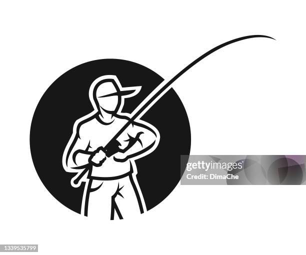 mann mit angelrute im kreis - fishing rod stock-grafiken, -clipart, -cartoons und -symbole