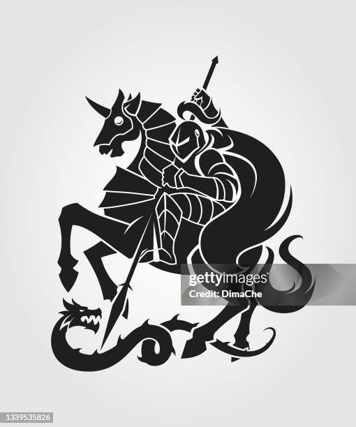 stockillustraties, clipart, cartoons en iconen met knight on horseback killing the dragon with a spear - kilt
