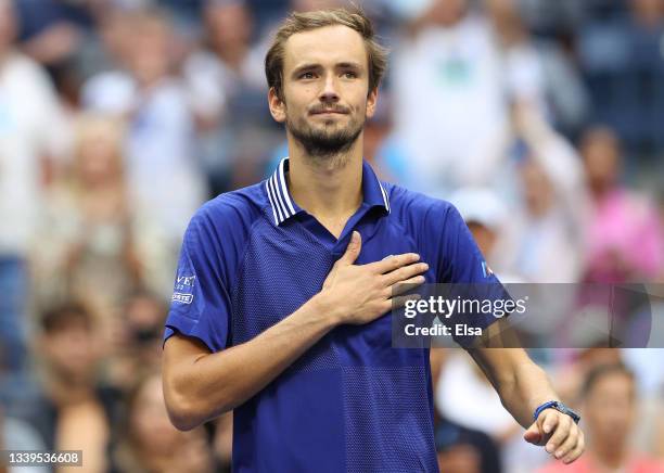Daniil Medvedev of Russia celebrates defeating Felix Auger-Aliassime of Canada during their Men’s Single semifinal match on Day Twelve of the 2021 US...
