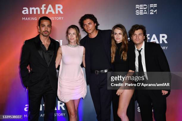 Andrei Gillott, Dylan Penn, Jacob Epstein, a guest and Emile Hirsch attend the amfAR Venice gala 2021 on September 10, 2021 in Venice, Italy.
