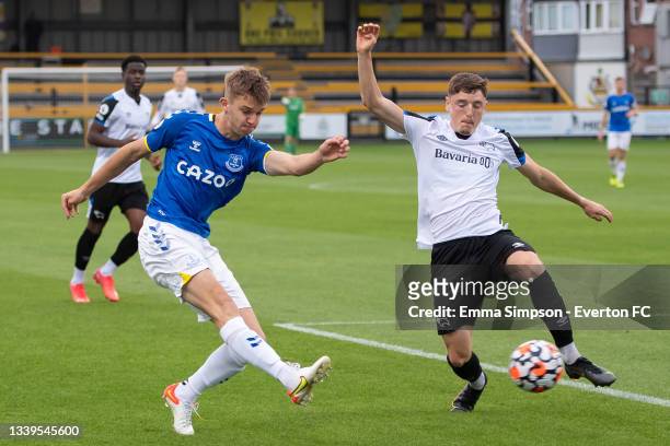 Stanley Mills of Everton crosses the ball during the Premier League 2 match between Everton and Derby County at Pure Stadium on September 10, 2021 in...