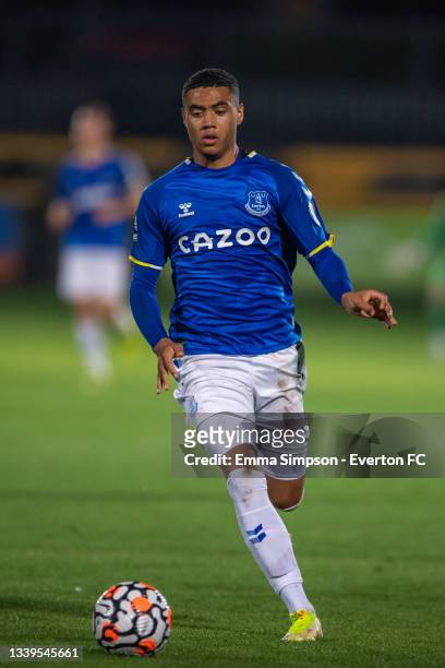 Lewis Dobbin of Everton on the ball during the Premier League 2 match between Everton and Derby County at Pure Stadium on September 10, 2021 in...