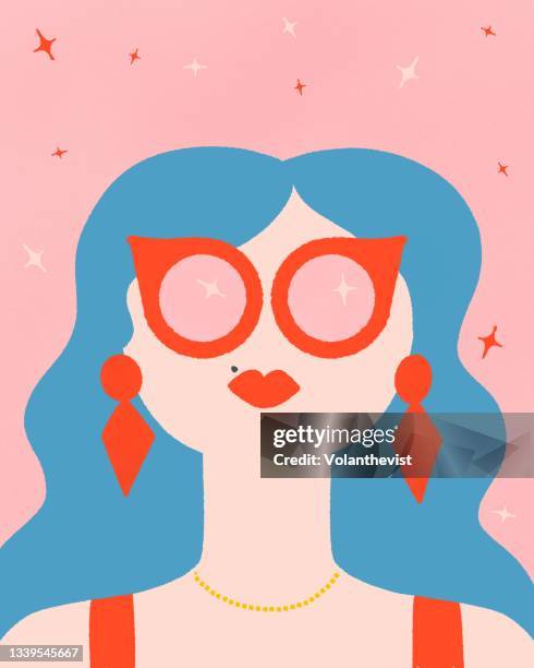 vintage modern woman with red sunglasses and blue hair - glitter hair stock-fotos und bilder