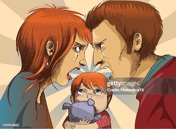 illustration of a couple fighting with a child between them - couple argument stock illustrations
