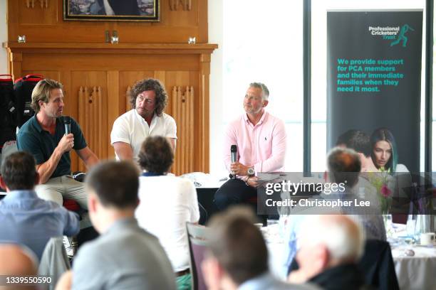 Nick Compton, Ryan Sidebottom and Darren Gough during the Q & A during the PCA and RPA Golf Day at Royal Mid-Surrey Golf Club on September 10, 2021...