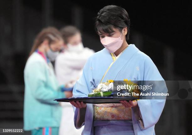 Time wrestling gold medalist Kaori Icho presents medals at the medal ceremony for the Women's Freestyle 50kg on day fifteen of the Tokyo 2020 Olympic...