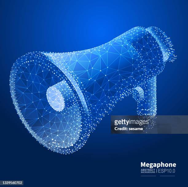 digital marketing and network publicity, vector abstract low polygon dot lines connected megaphone background - announcement message stock illustrations