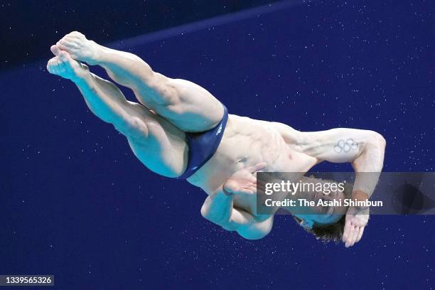 Rikuto Tamai of Team Japan competes in the Men's 10m Platform Final on day fifteen of the Tokyo 2020 Olympic Games at Tokyo Aquatics Centre on August...
