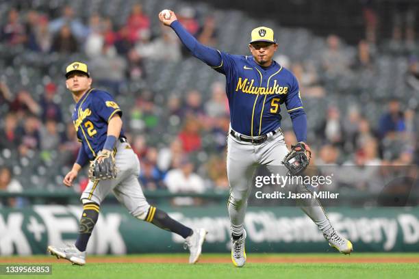 Eduardo Escobar of the Milwaukee Brewers fields a ground ball hit by Yu Chang of the Cleveland Indians as teammate shortstop Luis Urias backs up...