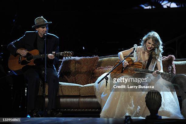 James Taylor and Taylor Swift perform onstage during the "Speak Now World Tour" at Madison Square Garden on November 22, 2011 in New York City....
