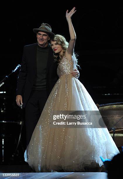 James Taylor and Taylor Swift perform onstage during the "Speak Now World Tour" at Madison Square Garden on November 22, 2011 in New York City....