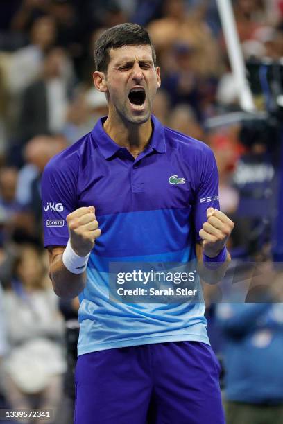 Novak Djokovic of Serbia celebrates defeating Alexander Zverev of Germany during their Men’s Singles semifinal match on Day Twelve of the 2021 US...